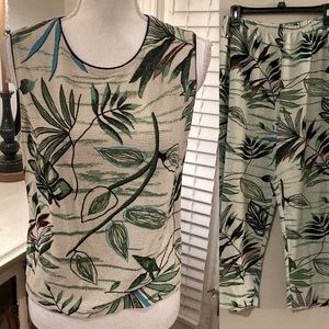 Women's Sleeveless Tropical Print Pantsuit - Cream & Green